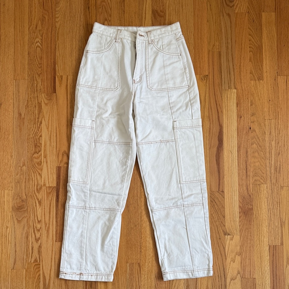 BDG Cream High Rise Baggy Pants with Contrast Stitching